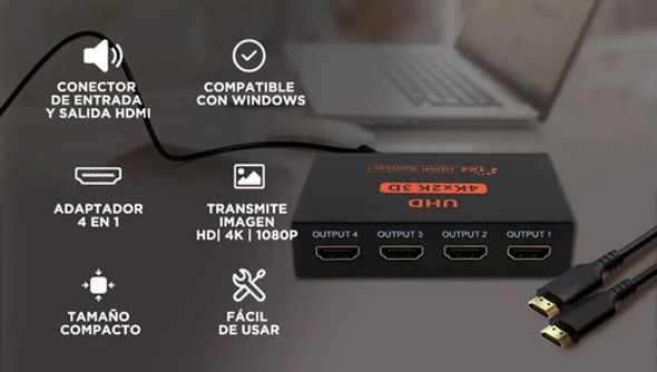 Splitter Hdmi Activo 1x4 Full Hd 1080p C/ Fuente Tv Led Lcd 1