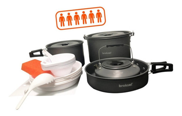 Marmita 6 Personas Mochilero Camping Set Cocina 20pz Broksol 0