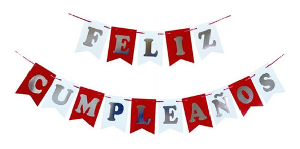 Banderin Rojo Blanco Letras Plateadas Feliz Cumpleaños River 0