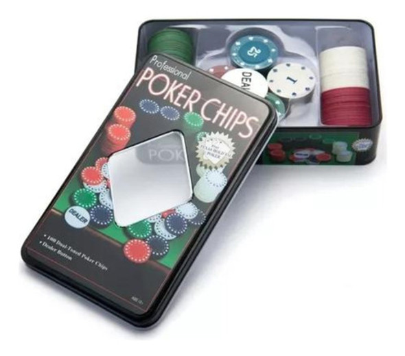 Poker Kit 100 Fichas Dealer Profissional Numeradas Na Lata 0