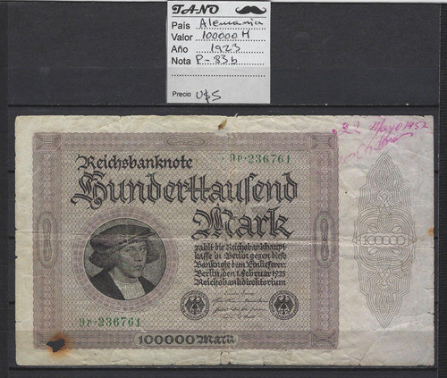B170 Alemania Billete 100000 Marcos Año 1923 P-83b 0
