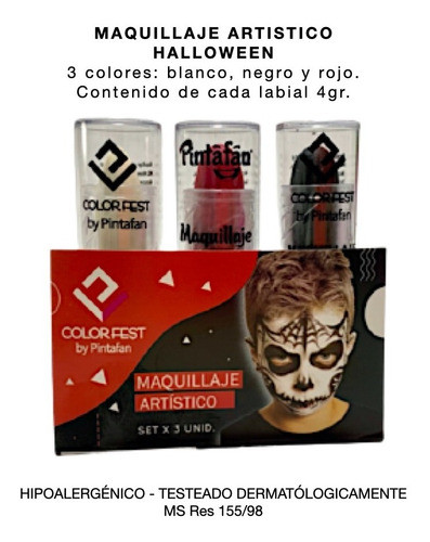Kit Maquillaje Halloween Labial X 3 Negro Blanco Rojo Cara 1