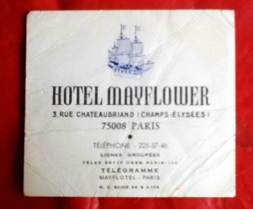 Vintage Tarjeta Hotel Mayflower Paris C.195? 0