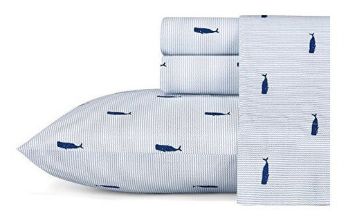 Juego De Sabanas Nautica A Rayas De Ballenas, Gemelas, Azul 0