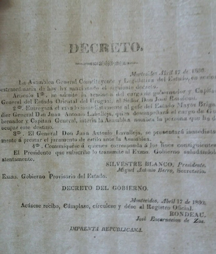 Decreto Lavalleja Nombrado Gobernador Y Capitán General 1830 0