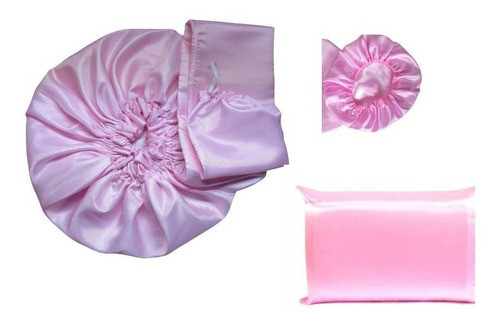 Kit Touca Difusora Cetim + Fronha Cetim + Touca Rosa Claro 0