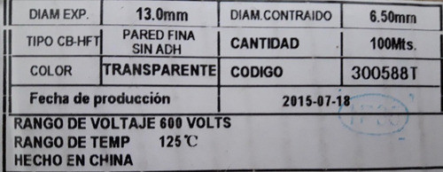 Termocontraible Transparente 13mm D.exp, 6.5mmcont Pack X 2m 1