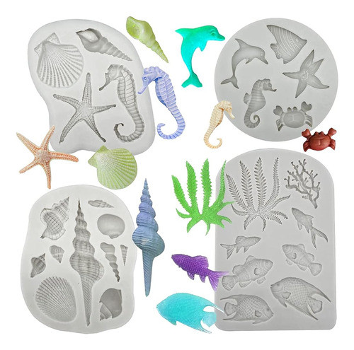 4pcs Tema Marino Fondant Molde De Silicona Algas Marinas Pes 0