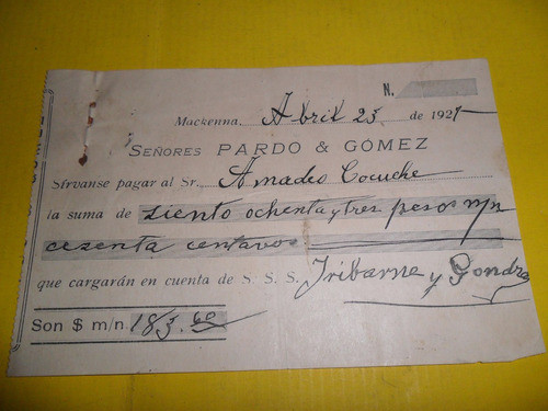 Antigua Papeleria Señores Pardo & Gomez 1927 Mackenna Recibo 0