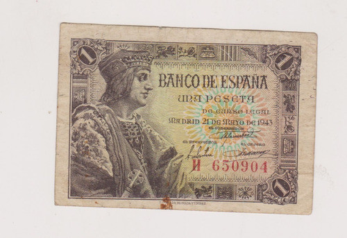 Billete España 1 Peseta Año 1943 Bueno 0