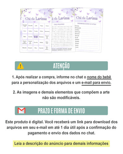 Kit 3 Brincadeiras Chá De Bebê Em Pdf - Borboletas Lavanda 1