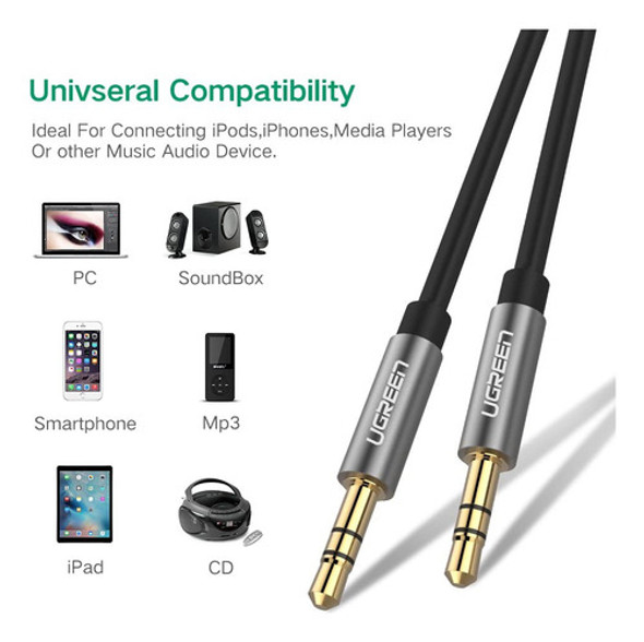 Cabo De Áudio Auxiliar P2 Ugreen 3.5mm Macho 2 Metros Preto 0