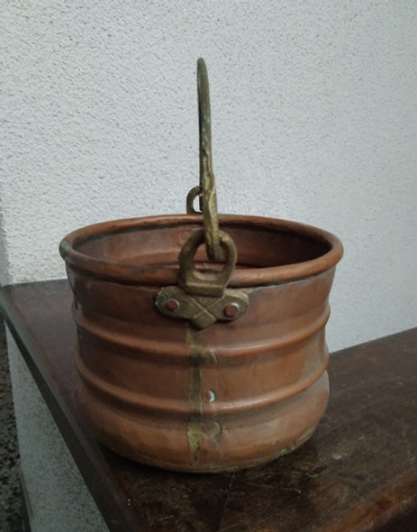 Antigua Olla De Cobre Alto Con Asa De Bronce 16 Diam 11cm 1