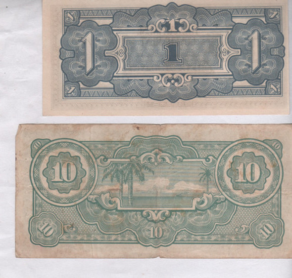 2 Billetes Malasia Ocupacion Japon - 1 Y 10 Dolares Año 1942 1