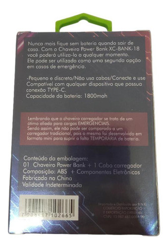 Chaveiro Tipo C Power Bank 1800mah Xc-bank-18 X-cell - Preto 1
