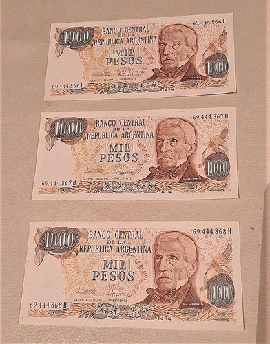 3 Antiguos Billetes 1000 Pesos Argentinos Serie Correlativa 0