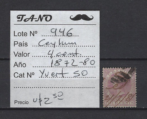 Lote946 Ceylan 4 Cent. Año 1872-80 Yvert# 50 1