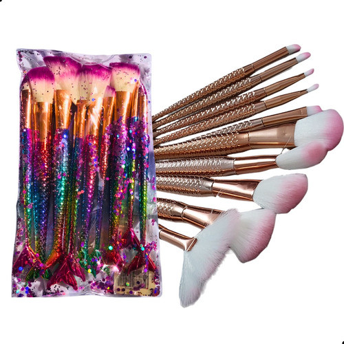 Kit Com 10 Pincel Maquiagem Completo Rosto Sereia Glitter 0