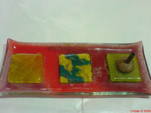 Porta-sahumerios  Con Base En Vidrio Patinado Con 3 Azulejo 0