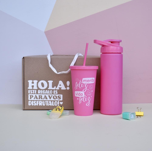 Box Regalo Botella Y Vaso Con Sorbete/ Rosa/ Frase Caja 1
