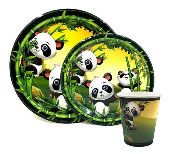 Set 10 Platos 23 Cm Y 10 Vasos Oso Panda Fiestas - Eventos 0