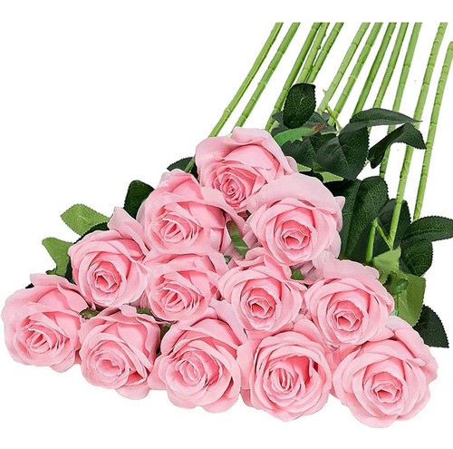 12 Rosas De Seda Artificiales Con Tallo Largo - Rosa 0