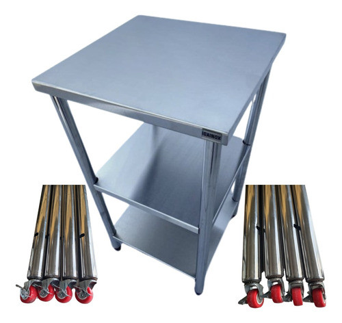 Bancada Inox Rodinhas 50x40 Mesa Com Rodizio 2 Prateleiras 0