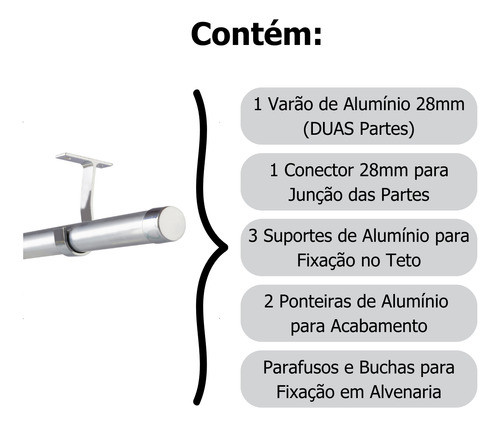 Kit Teto Varão 3,00m Cortina 28mm Ilhós/argola 100% Alumínio 1