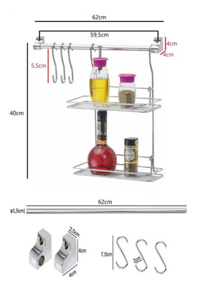 Kit Cozinha Suspensa Prateleira Dupla 3 Gancho Aço Cook Home 1