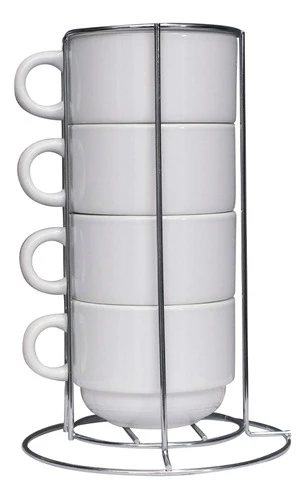 Kit 4 Xícaras De Cerâmica Branca C/ Suporte De Metal · 150ml 0