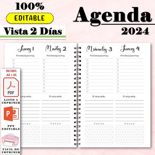 Agenda 2024 Imprimible 2 Dias X Hoja Editable 100% 0