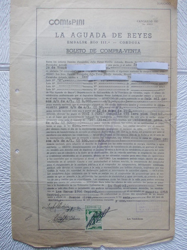 6859- Boleto Compra- Venta Embalse Rio 3ero. Comi&pini 1951 0