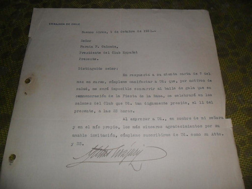 Club Español Carta 1931 Embajada De Chile Fiesta De La Raza 0