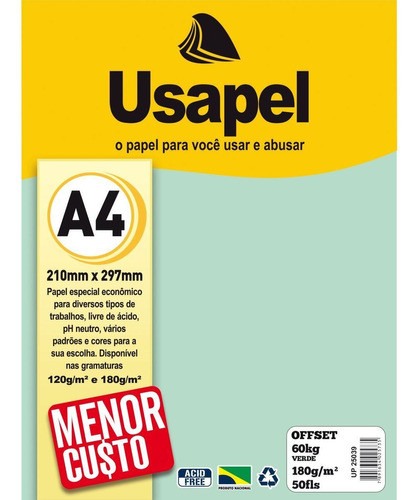 Papel Sulfite A4 Colorido Offset 180g 60k Verde 50fls 0