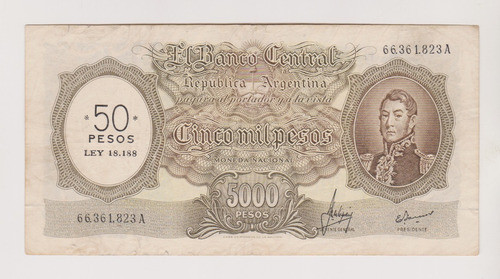 Billete Argentina 5000 $ Bottero 2216 Año 1969 Muy Bueno 0