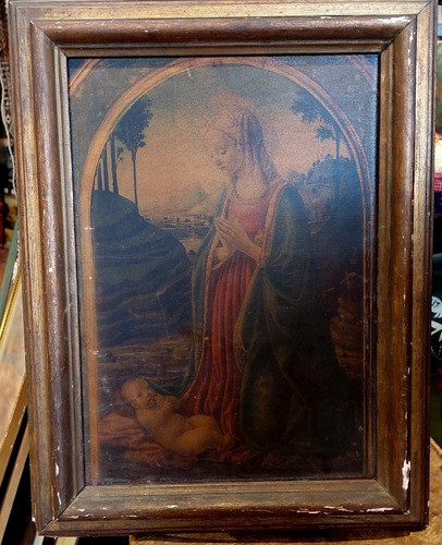 Antiguo Icono Religioso Italy Virgen Niño Jesus Sobre Madera 0