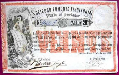 Tp Billete Año 1868 Sociedad De Fomento Territorial 20 Pesos 0
