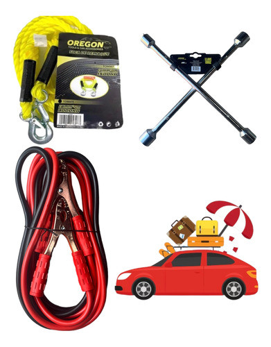 Kit Auxilio Ruta Viaje Auto Cable Puent + Llave Cruz + Linga 0