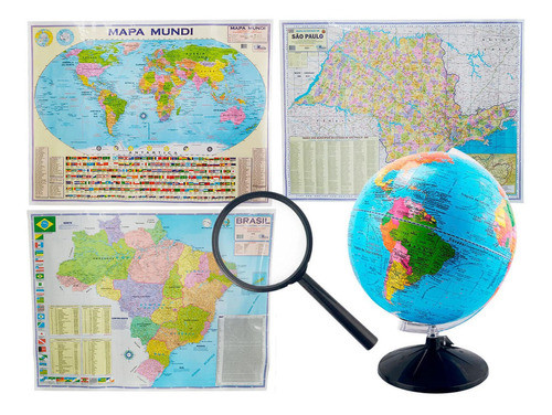 Globo Terrestre 30cm + Lupa + Mapa Mundi E Brasil Atualizado 0