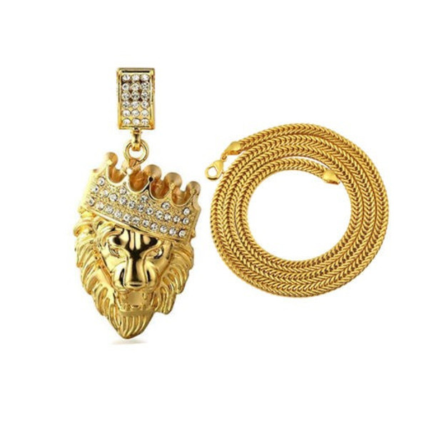 18 K Oro Corona Plateado León Varonil Cabeza Colgante Collar 1