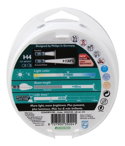 Lamparas Philips H4 Xtreme Vision +130% 60/55w Auto Set X2 1