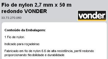 Tanza Para Bordeadora 2,7mm X 50mts Vonder Brasil  Herracor 1