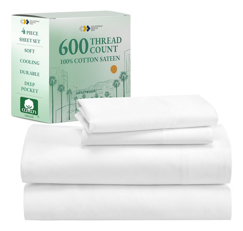 Juego Sábanas Tamaño Queen 600 Hilos 4pzas Algodón Blanco 0