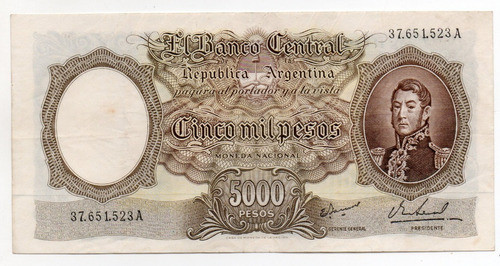 Billete Argentina 5000 Pesos Moneda Nacional Bot. 2181 Mb+ 0