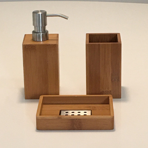 Set De Baño X3  Dispenser Vaso Porta Cepillos Acero Y Bambú 1