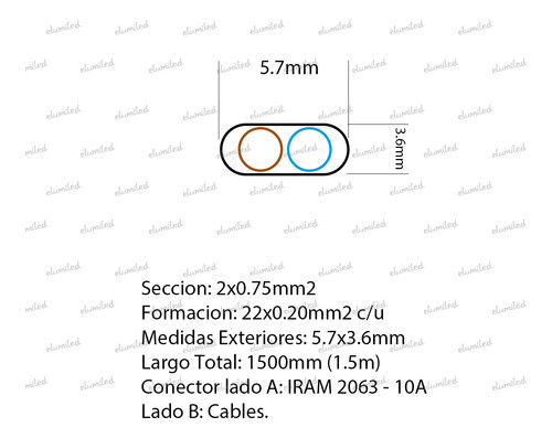 Cable Monoblock 2 X 0.75mm 1,5m Iram 2063 Negro 1