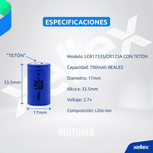 5 X Pila Bateria Recargable Cr123 Motoma 3.7v 700mah Teton 1