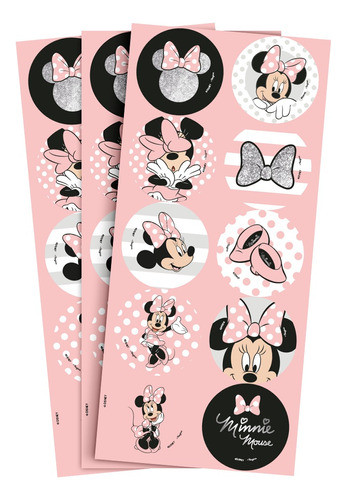 30 Adesivos Minnie Rosa - 3 Cartelas Com 10 Adesivos Cada 0