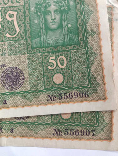 2 Billete Alemania 50 Marcos 1919 Reichsbanknote Correlativo 1