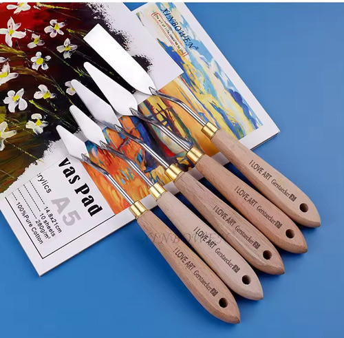 Set De 5 Espátulas Acero Inoxidabl Y Madera - Acrílico- Óleo 1